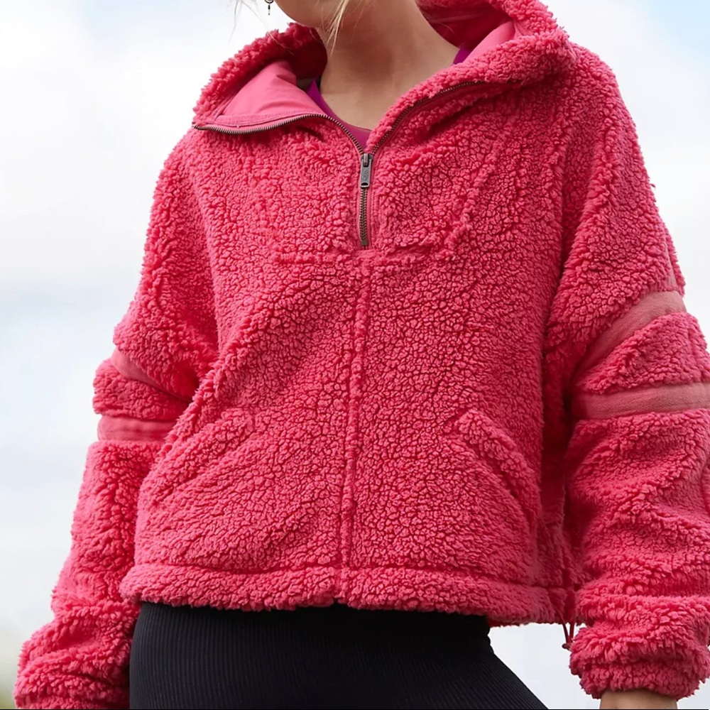 Free people,movement,neon coral,fuzzy pullover,zipper neckline,oversized,medium